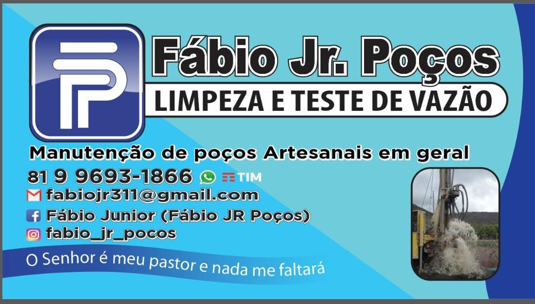 cartão azul com logo FP, nome da empresa, contatos e foto de poço jorrando água